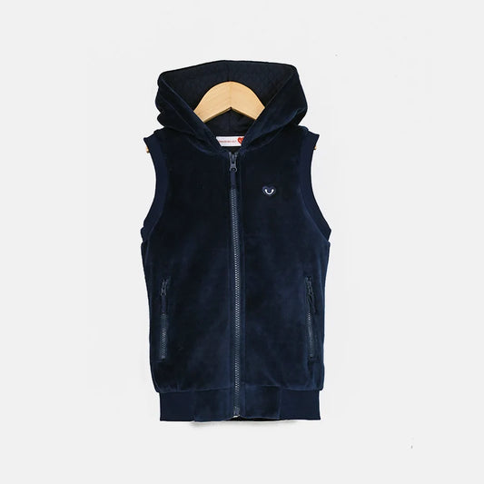 Ropa infantil, chaleco escolar para niño/niña, forro de terciopelo azul marino, chaleco exterior con capucha, cremalleras delanteras y corazón bordado, tops para niños