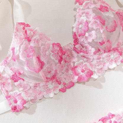 Conjunto de lencería sexy con bordado romántico floral rosa, ropa interior estética de lujo de buena calidad, seductora
