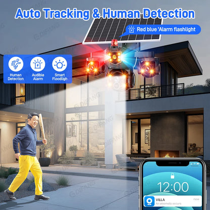 Cámara solar inalámbrica WiFi DIFANG V380 Pro para exteriores con tres pantallas, tarjeta SIM 4G y batería. Sistema de videovigilancia solar con tres lentes y batería.