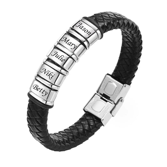Pulseras trenzadas de cuentas personalizadas para hombre, de cuero, acero inoxidable, color negro y plateado, con nombre personalizado, regalo para un familiar.