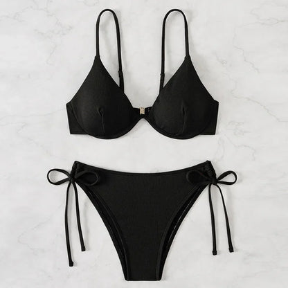Bikini sexy fruncido sin espalda para mujer, con tirantes de color puro, soporte de acero, traje de baño separable, moda 2024, nuevo modelo, gran oferta