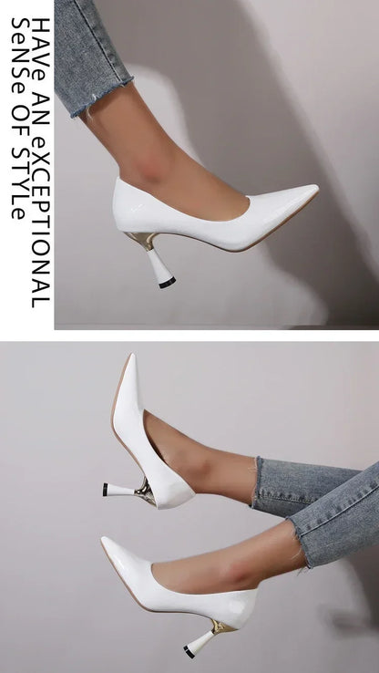 Zapatos Mujer 2024 Tendencia Nuevo Verano Tacones Rojos Elegante Mujer Tacón Negro Punta Puntiaguda Zapatos de Vestir Cuero Blanco Zapatos de Dama