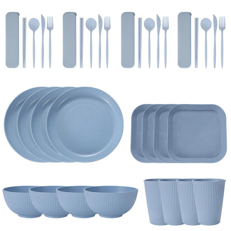 Juego de 36 platos de paja de trigo ecológicos para ramen, vajilla para cena, juego de vajilla para acampar con cuchillo, tenedor y cuchara.