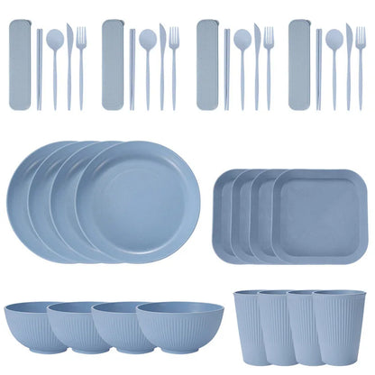 Juego de 36 platos de paja de trigo ecológicos para ramen, vajilla para cena, juego de vajilla para acampar con cuchillo, tenedor y cuchara.