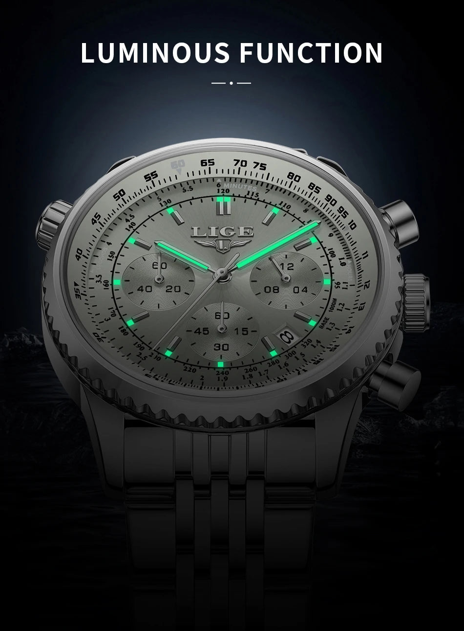 Relojes de lujo LIGE para hombre, cronógrafo con fecha, acero inoxidable, resistente al agua, luminoso, deportivo, militar, de cuarzo