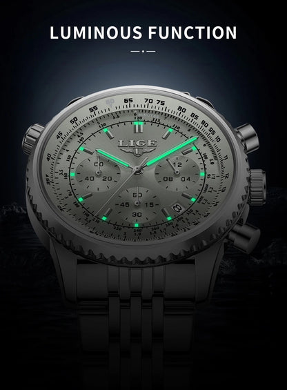 Relojes de lujo LIGE para hombre, cronógrafo con fecha, acero inoxidable, resistente al agua, luminoso, deportivo, militar, de cuarzo
