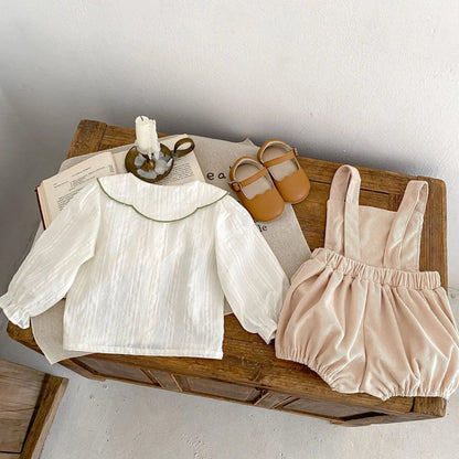 Nueva ropa infantil de otoño, niñas de 0 a 4 años, cárdigan con solapa bordada y pantalón con pechera, conjunto de 2 piezas