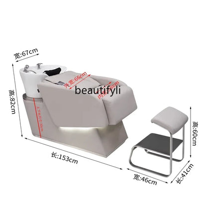 Cama de champú con masaje automático para barbería, lavabo de cerámica con descarga.