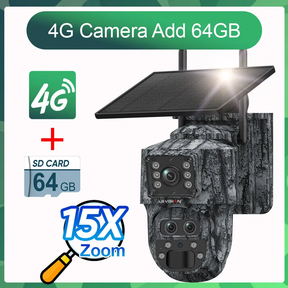 Cámara solar LS VISION 6K con zoom 15X, 4G, para caza y bosque, con sensor PIR de 12 MP, tres lentes, wifi, visión nocturna y protección IP66.