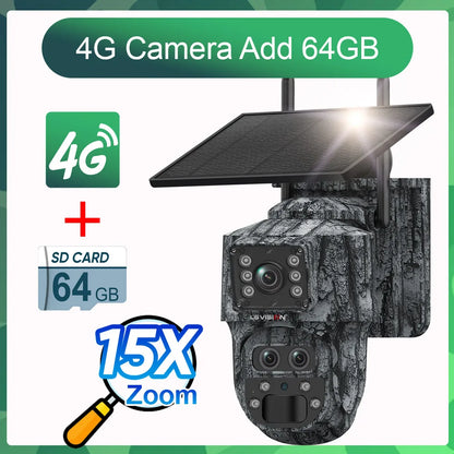 Cámara solar LS VISION 6K con zoom 15X, 4G, para caza y bosque, con sensor PIR de 12 MP, tres lentes, wifi, visión nocturna y protección IP66.
