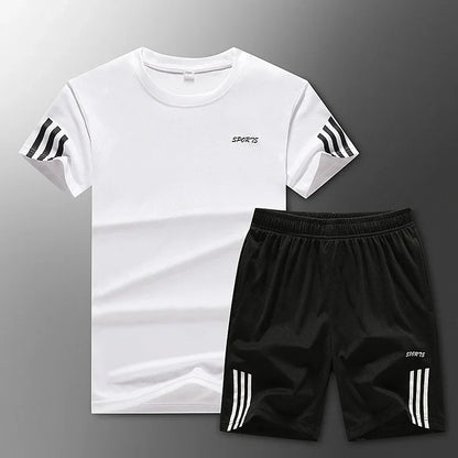 Conjunto de ropa deportiva de verano para hombre, camiseta y pantalones cortos de secado rápido, ropa deportiva para exteriores, talla grande, ligera, de producción china.