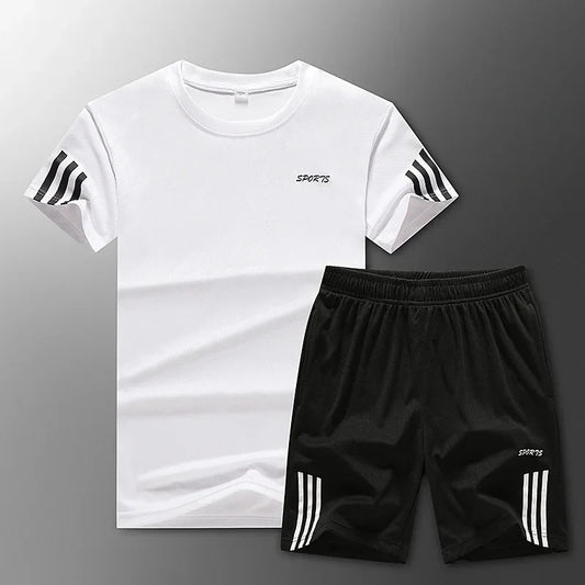 Conjunto de ropa deportiva de verano para hombre, camiseta y pantalones cortos de secado rápido, ropa deportiva para exteriores, talla grande, ligera, de producción china.