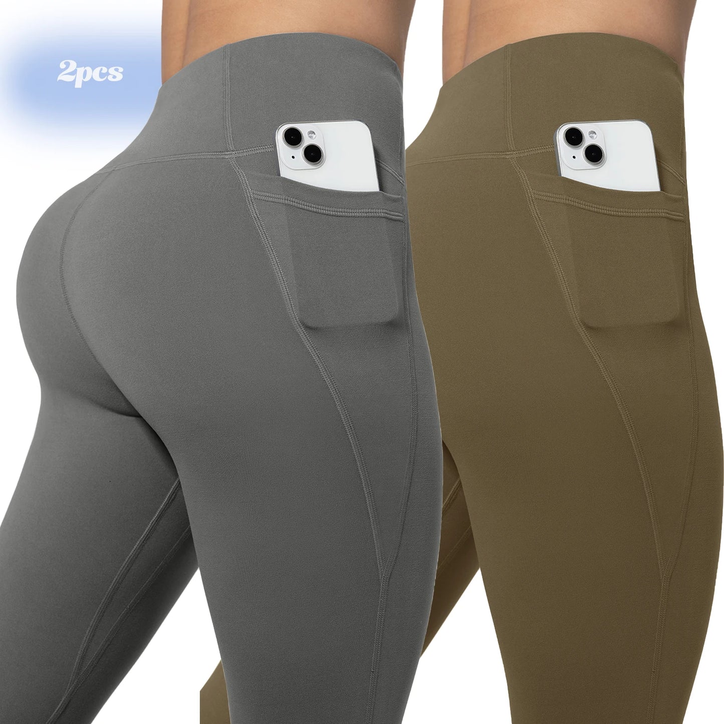 Leggings de yoga para mujer, 2 unidades, con bolsillos, color liso, para gimnasio, actividades al aire libre, cintura alta, ajustados, pantalones deportivos para correr.