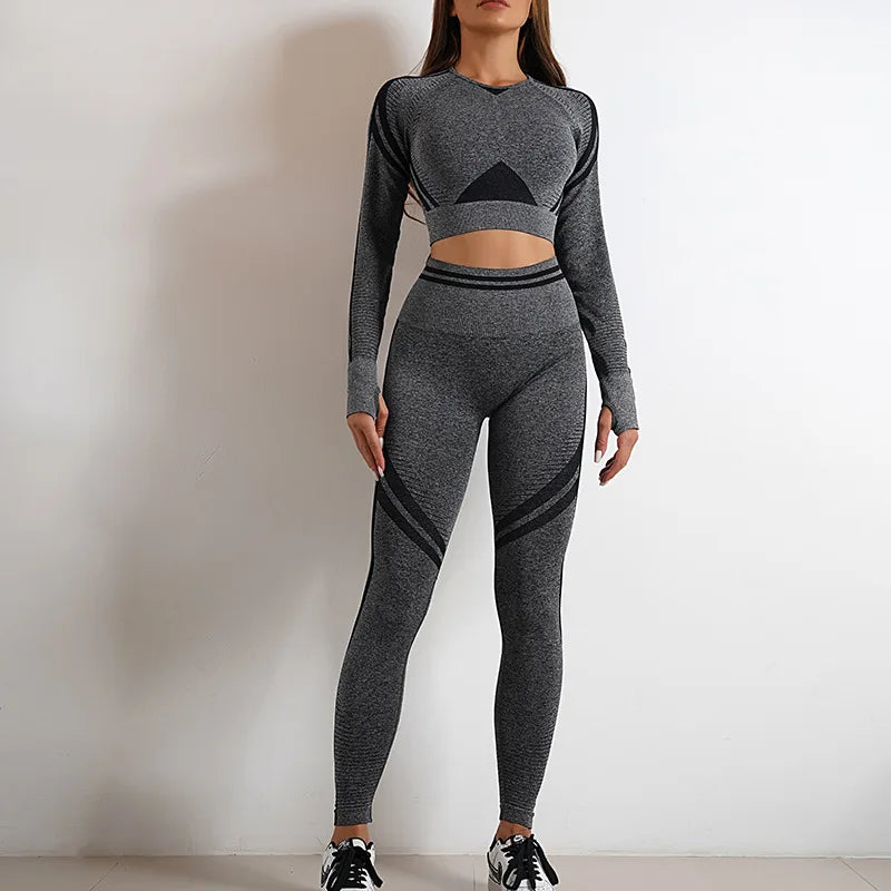 Conjuntos de ropa deportiva de media pieza sin costuras para mujer, conjuntos de gimnasio de manga larga, sujetador deportivo de yoga, leggings push up y mallas deportivas.
