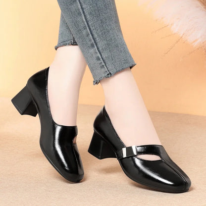 Zapatos Mary Jane vintage de 5 cm, transpirables, cómodos, de boca baja, de piel suave, para mujer, primavera 2025, tacones de bloque medianos para oficina, mamá