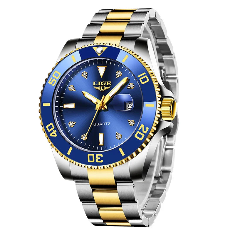 Relojes de moda LIGE para hombre, de lujo, luminosos, con calendario, para negocios, resistentes al agua, cronógrafo, de acero inoxidable, de cuarzo.