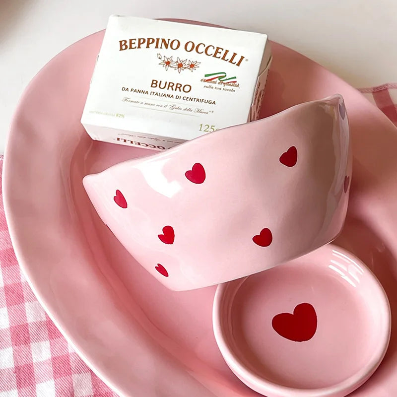 Ensaladera con diseño de corazón rosa, plato de cerámica, taza de café, tazón de postre para niños, platos de cena bonitos para el hogar, vajilla de restaurante