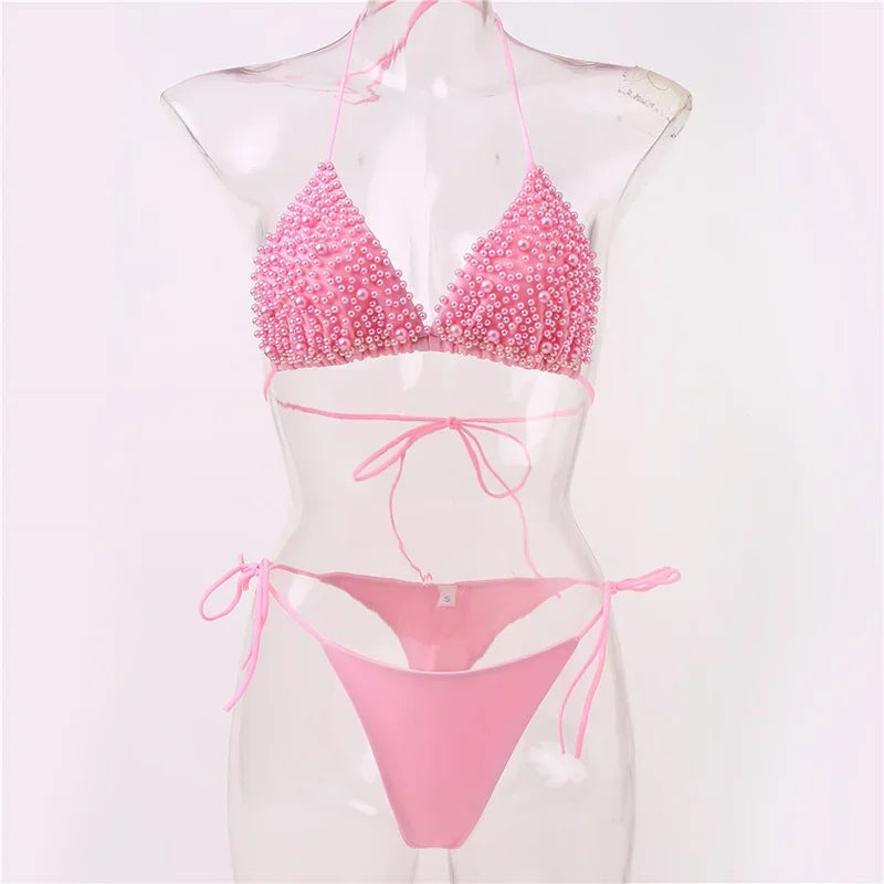 Bikini de lujo con perlas y escote halter, mini bikinis, micro bikinis, traje de baño femenino, conjunto de bikini de dos piezas, traje de baño para mujer