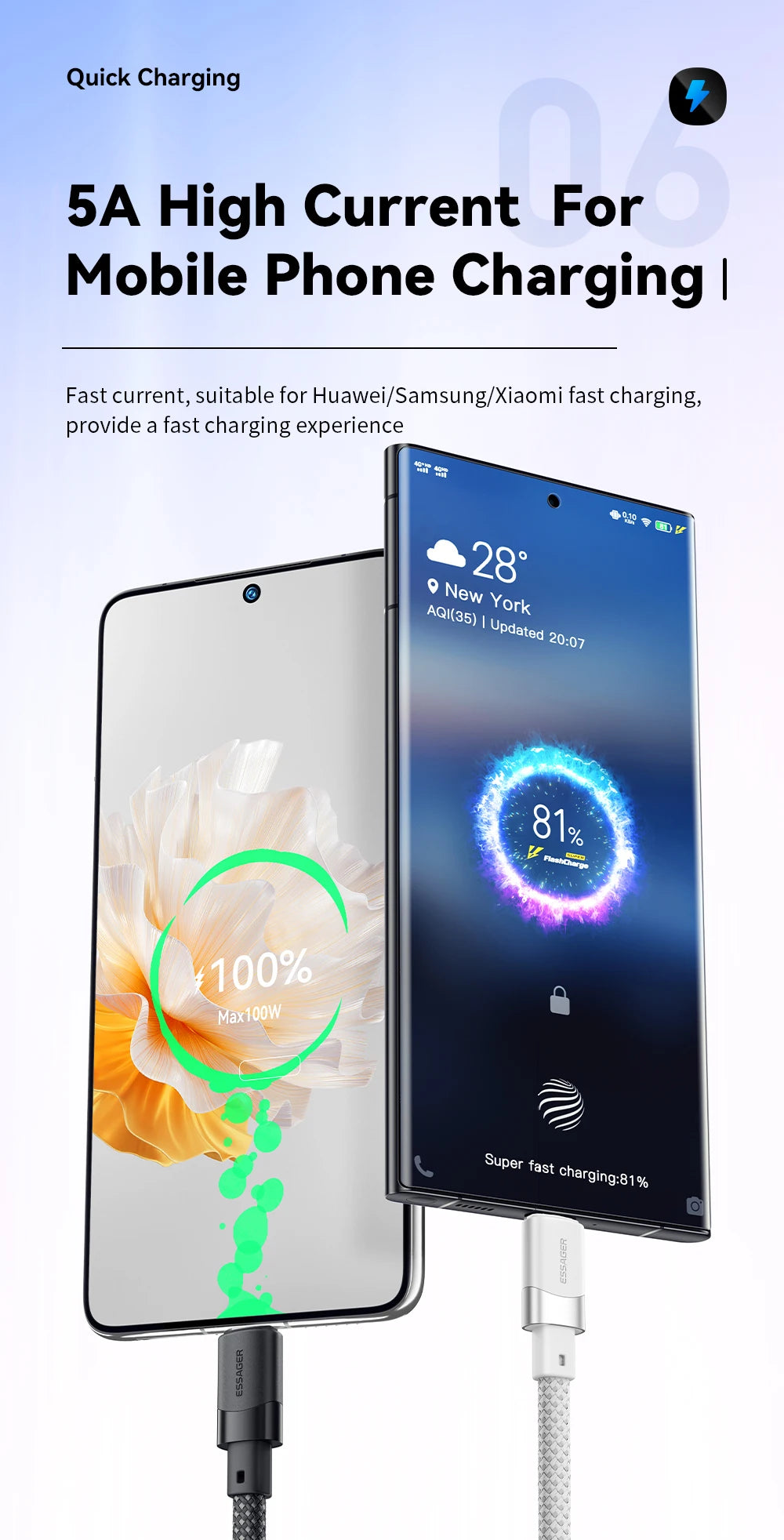 Cable de carga rápida USB-C a C Essager PD de 100 W con succión magnética y antienrollamiento para iPhone 15, portátil y Samsung.