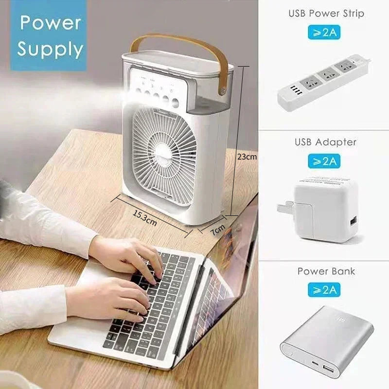 Ventilador 3 en 1, aire acondicionado pequeño para el hogar, enfriador de aire con luz LED nocturna, humidificador portátil, ventilador de ajuste de aire para oficina y hogar.