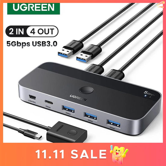 Conmutador KVM USB UGREEN 3.0 para PC (teclado, ratón, impresora). Permite compartir la conexión entre 2 PC y 4 dispositivos.