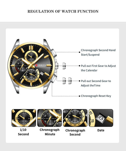 CURREN - Reloj cronógrafo de acero inoxidable para hombre con manecillas luminosas, tres subesferas, fecha automática, diseño moderno, de cuarzo