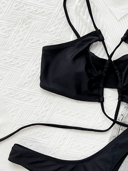 Bikini 2025 Sexy Swimwear Swimsuit Women Black Hollow Cross Straps Bikinis Set Bathing Suit Beach Bikini Female Banadores Mujer