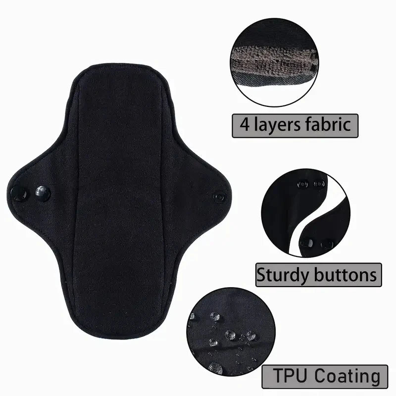 Juego de 3 compresas menstruales reutilizables de algodón puro, negras, impermeables, para flujo abundante y grandes.