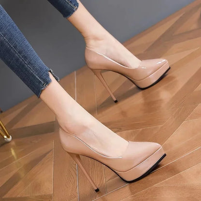 Tacones altos impermeables para mujer, sexys, color nude, plataforma fina de 12 cm, elegantes, versátiles, de punta puntiaguda, para mujer, boca baja S