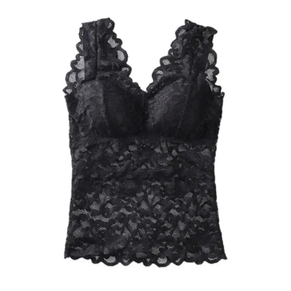 Camiseta de tirantes de encaje de talla grande para mujer, de longitud media, estilo fino de verano con almohadilla para el pecho, capa base, ropa interior exterior