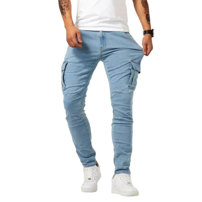 Pantalones vaqueros ajustados elásticos para hombre, pantalones vaqueros lisos de corte ajustado, pantalones cargo con múltiples bolsillos, pantalones casuales de moda para hombre