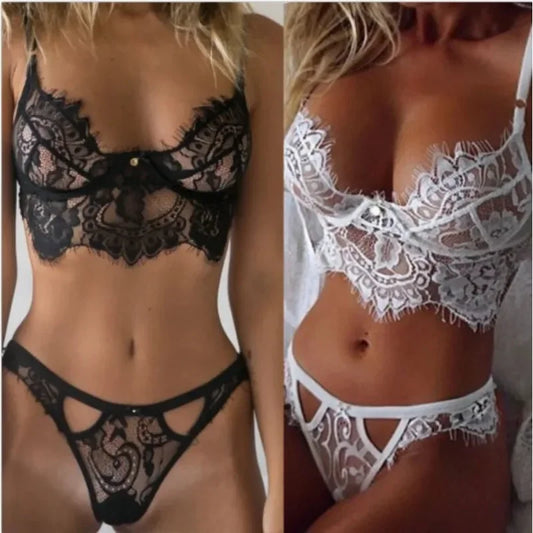 Ropa interior de encaje con pestañas huecas, lencería de encaje, conjunto de sujetador y braguita, ropa interior blanca y negra, conjunto de lencería para mujer