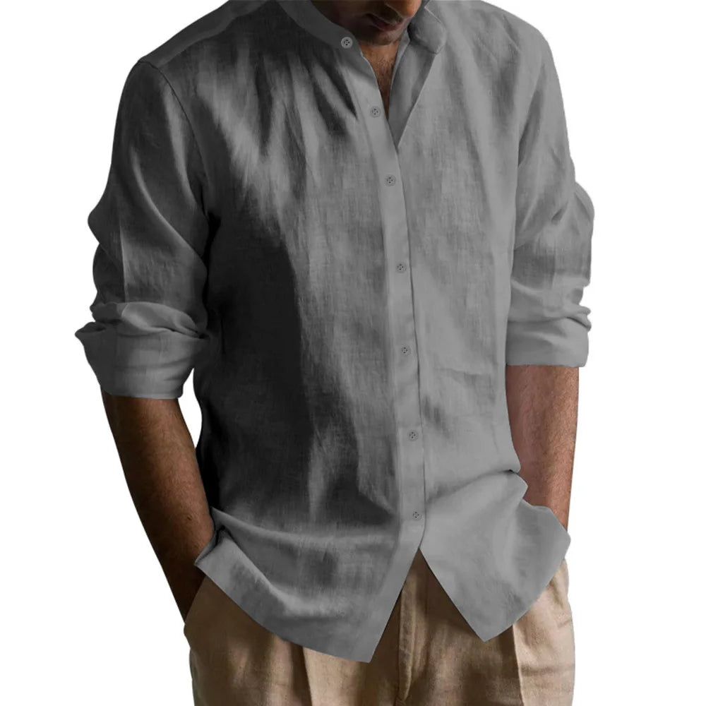 Camisas Henley para hombre, de algodón y lino, con costuras abiertas, ligeras, transpirables, de color sólido, ajustadas.