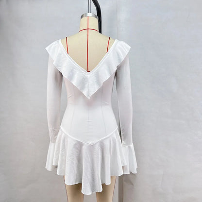 Vestido corto de mujer con volantes, patchwork blanco y negro, manga larga acampanada, encaje y cordones, para fiesta, noche, mini vestido, azul, rosa, rojo.