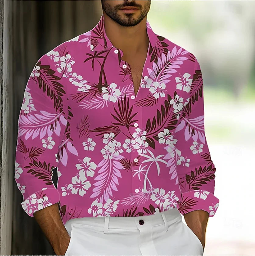 Camisa de hombre abotonada, estilo casual, primavera/verano, estampado 3D de hojas y flores, manga larga, cómoda y a la moda para el día a día.