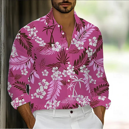 Camisa de hombre abotonada, estilo casual, primavera/verano, estampado 3D de hojas y flores, manga larga, cómoda y a la moda para el día a día.