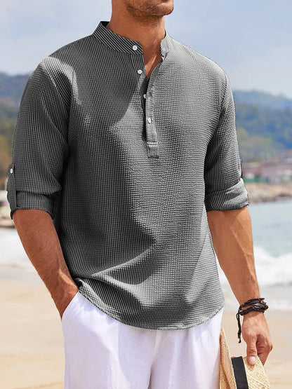 Camisas de manga larga de algodón y lino para hombre, de gran oferta, para primavera y otoño, de color liso, con cuello alto, estilo playero informal, tallas grandes S-5XL