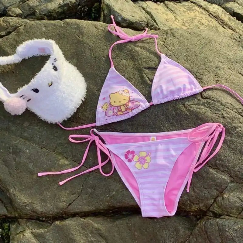 Conjunto de bikini Miniso Hello Kitty Kawaii con cordones, sujetador halter a rayas, ropa interior de dos piezas estilo Y2K, traje de baño Lolita rosa para niñas