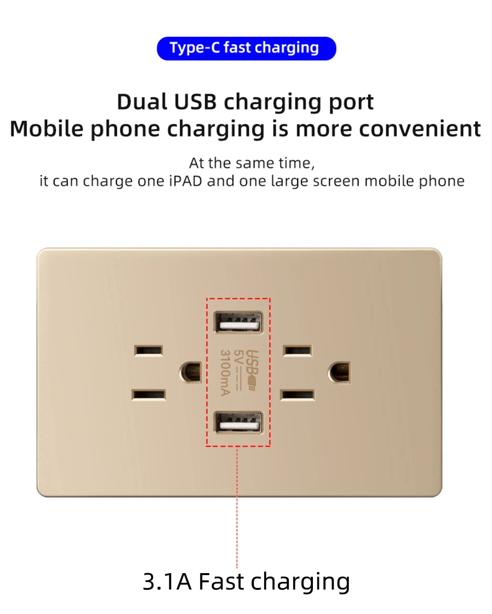 Adaptador de enchufe para electrodomésticos inteligentes Herepow Thailand, enchufe de pared USB doble estándar americano tipo C de 3,1 A con carga rápida.