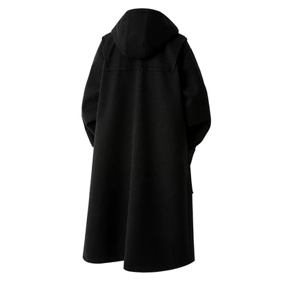 Autumn Men Thick Hooded Trench Coat Men Korean Wool Blends Overcoat Men Casual Horn Button Woollen Coat Black Warm Loose Coat