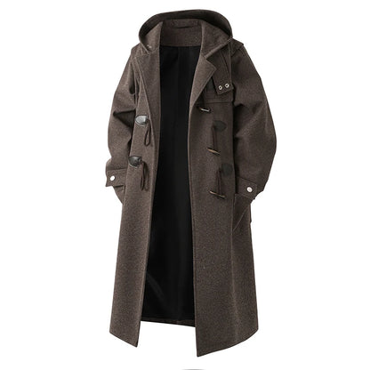Autumn Men Thick Hooded Trench Coat Men Korean Wool Blends Overcoat Men Casual Horn Button Woollen Coat Black Warm Loose Coat