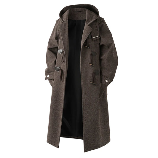 Autumn Men Thick Hooded Trench Coat Men Korean Wool Blends Overcoat Men Casual Horn Button Woollen Coat Black Warm Loose Coat