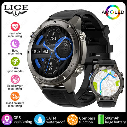 Nuevo reloj inteligente para exteriores para hombre, batería de larga duración de 500 mAh, pantalla AMOLED, resistente al agua hasta 5 ATM, monitor de ritmo cardíaco, GPS, reloj inteligente militar.
