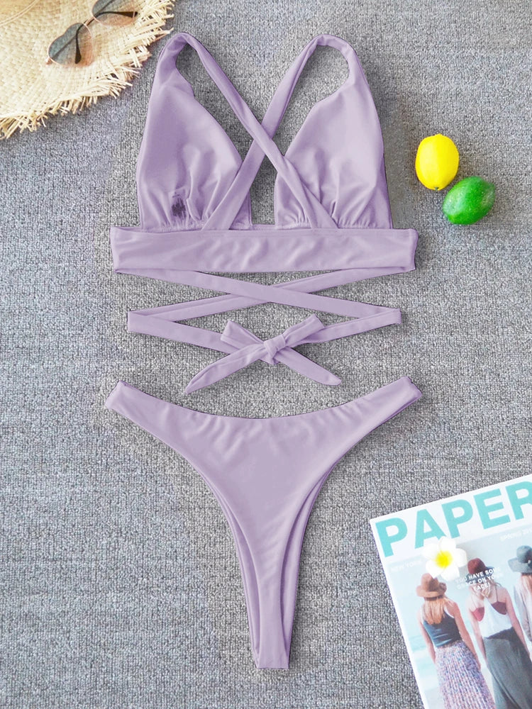 Bikini sexy 2025, traje de baño liso para mujer, traje de baño para mujer, conjunto de bikini push up con vendaje cruzado, traje de baño para playa, traje de baño