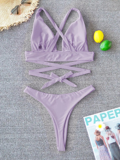 Bikini sexy 2025, traje de baño liso para mujer, traje de baño para mujer, conjunto de bikini push up con vendaje cruzado, traje de baño para playa, traje de baño