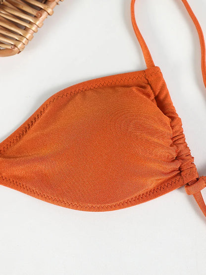Traje de baño para mujer, bikini sexy de un solo color con lazos, tangas, trajes de baño de color liso, ropa de playa, bikini brasileño de verano 2024