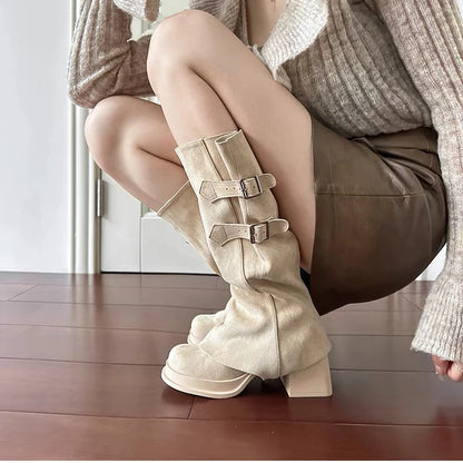 Botas vintage para mujer, con hebilla de cinturón extraíble, para otoño e invierno, con tacón grueso, elegantes y largas.