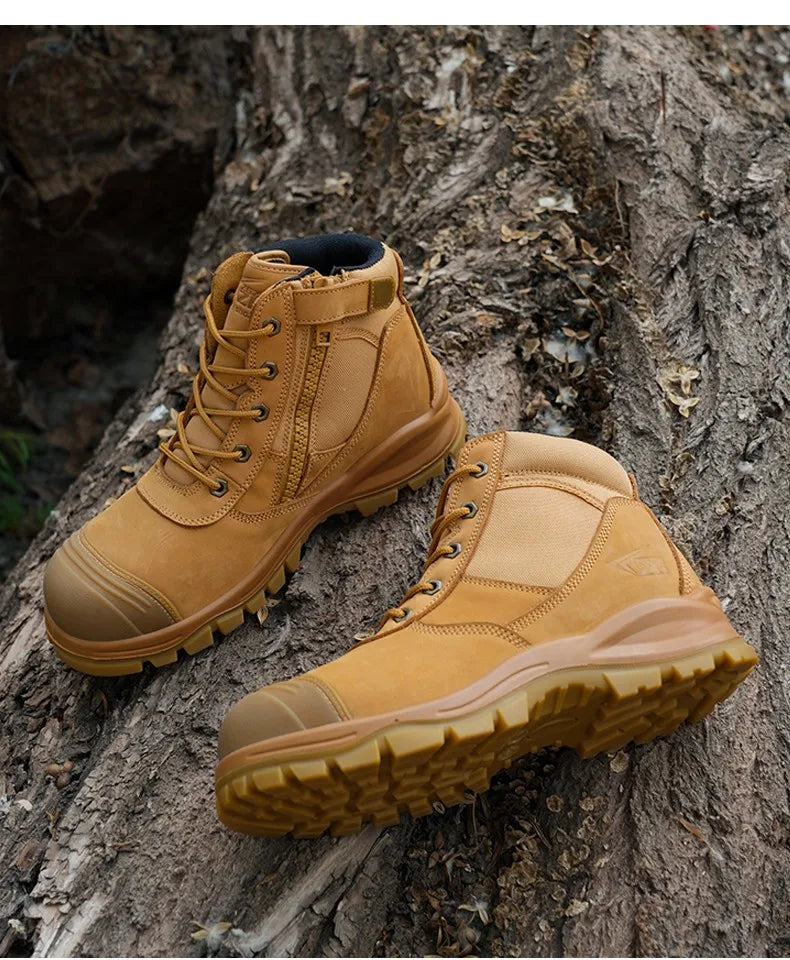 Botas de seguridad de lujo de caña alta en piel de vacuno para hombre, con puntera de acero, protección antiimpactos y antipinchazos, resistentes al desgaste.