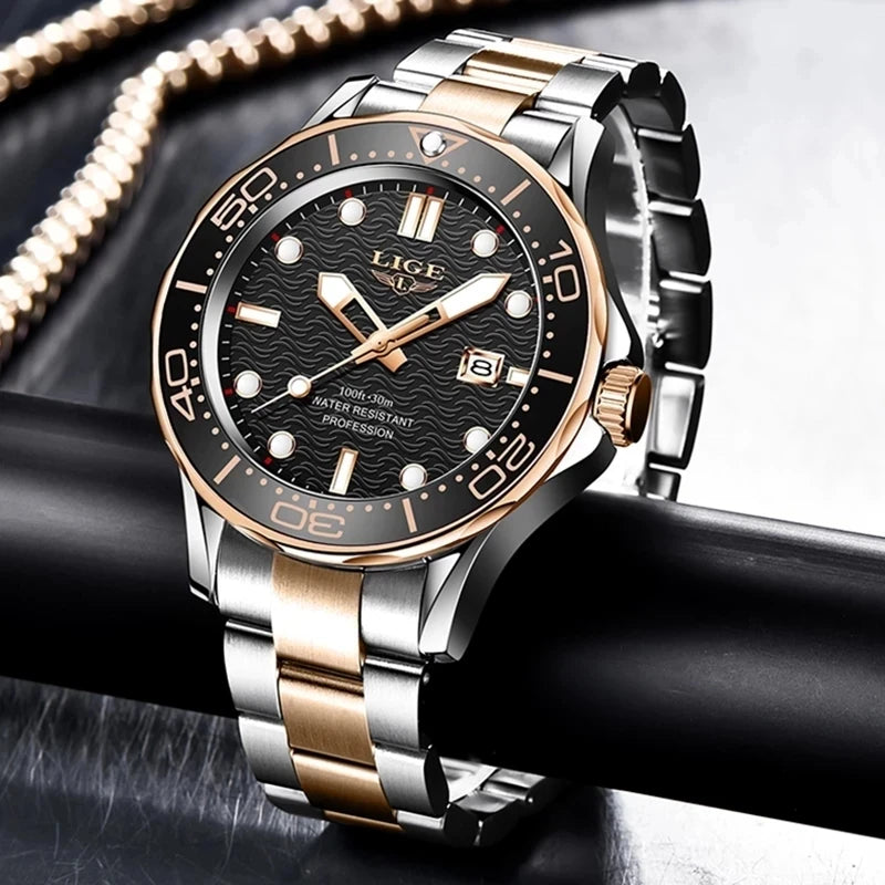 LIGE - Reloj de buceo de lujo para hombre, marca superior, resistente al agua hasta 3 ATM, con fecha, deportivo, de cuarzo, Masculino