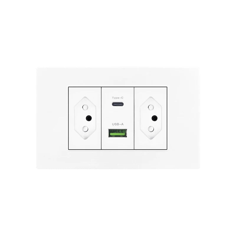 Enchufe de pared USB inteligente tipo C de 20 W con carga rápida para Italia, Chile y México; panel de interruptor de luz eléctrico de Brasil con toma USB-C universal.